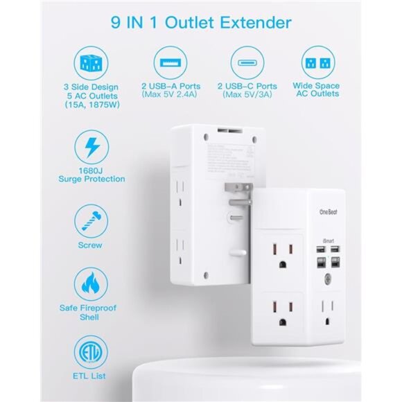 Surge Protector, 5 Outlets Extender with 4 USB Ports(USB C), 3-Side 1680J Power - Picture 2 of 8